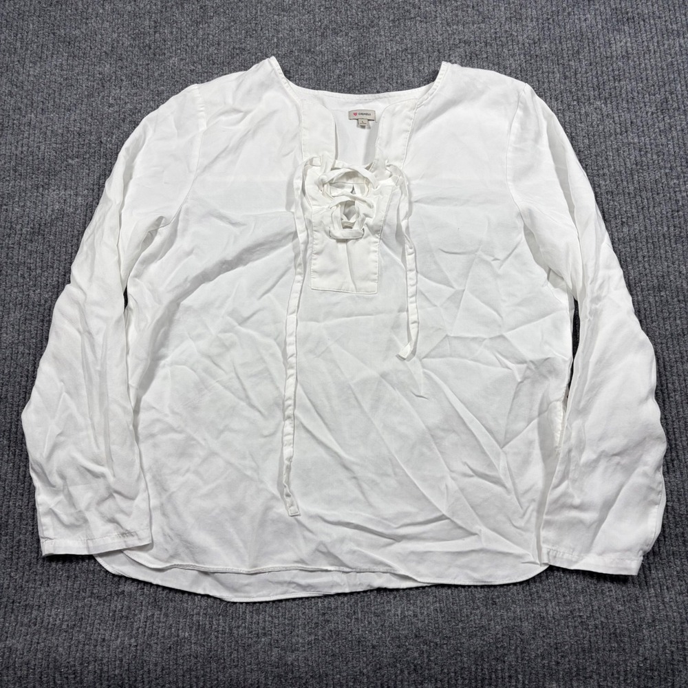 Cremieux Womens White Lace Up Neck Long Sleeve Blouse Size L Boho Peasant Top